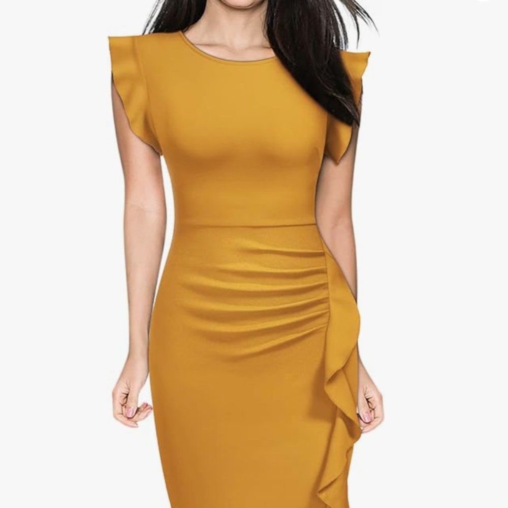 MIUSOL Fitted Sheath Dress Flutter Sleeve Draped Ruffle Women Size S Below Knee